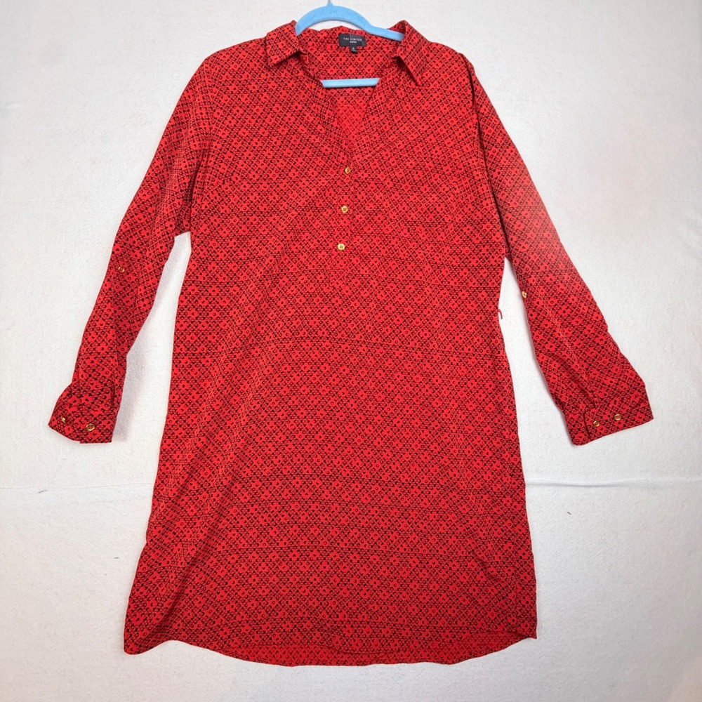The Limited Ashton Red Black Geometric Shirt Dress XL Long Sleeve Roll Tab Gold